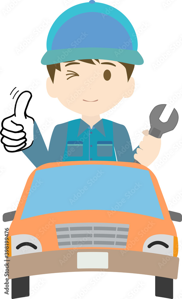グーをするスパナを持つ整備士と可愛い車のイラスト Wall Mural Foolchico グーをするスパナを持つ整備士と可愛い車のイラスト Wall Mural Foolchico