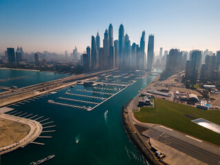 Dubai Marina skyscrapers and popular JBR beach in the UAE aerial view