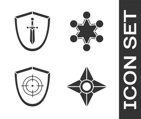 Wall Mural - Set Japanese ninja shuriken, Medieval shield with sword, Target sport and Police badge icon. Vector.