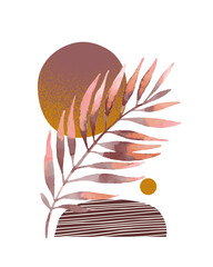 Wall Mural - Modern vector illustration with tropical palm leaf, grainy grunge textures, doodles, minimal elements