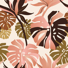 Wall Mural - Abstract tropical flowers, leaves seamless pattern.