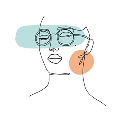 One line woman with geometric and organic shapes fashion portrait. Minimal design, freehand composition, modern abstract style. Beauty fashion female glasses portrait with color drops.