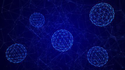 Poster - Molecules, cells or virus. Network of bright connected spheres. Neuron abstract concept. Futuristic digital cyber background. 3D rendering.