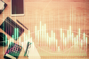 Double exposure of forex graph drawing and work table top veiw. Concept of financial analysis.