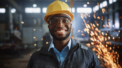Aufkleber - Portrait Shot of Happy Professional Heavy Industry Engineer/Worker Wearing Uniform, Glasses and Hard Hat in Steel Factory and Smiling on Camera. Industrial Specialist in Metal Construction Manufacture