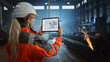 © Gorodenkoff - Professional Heavy Industry Engineer Uses Tablet Computer for Augmented Reality Render with Interactive Turbine Engine Blueprint. Female Industrial Specialist Working in a Metal Manufacture Warehouse.