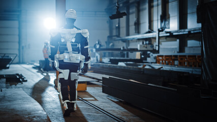 Poster - Black African American Engineer is Testing a Futuristic Bionic Exoskeleton and Proudly Wearing it in a Heavy Steel Industry Factory. Successful Contractor Walking in a Powered Mobile Machine Shell.