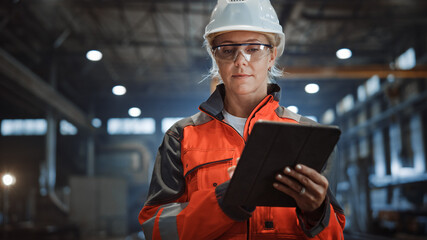 Wall Mural - Professional Heavy Industry Engineer/Worker Wearing Safety Uniform and Hard Hat Uses Tablet Computer. Serious Successful Female Industrial Specialist Walking in a Metal Manufacture Warehouse.