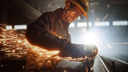 Aufkleber - Heavy Industry Engineering Factory Interior with Industrial Worker Using Angle Grinder and Cutting a Metal Tube. Contractor in Safety Uniform and Hard Hat Manufacturing Metal Structures.