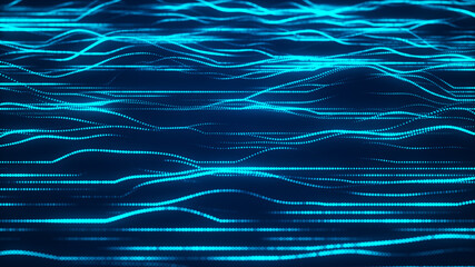 Poster - Abstract wave of many glowing particles. Network of neon dots. Big data. Digital cyber background. 3d rendering