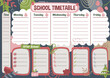 School timetable for week in English. Planning list. Printable diary for student on abstract background. Weekly schedule for lessons and program after school. Organizer for kids during education.