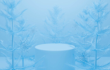 3d render of blue abstract background with podium and tree Christmas.