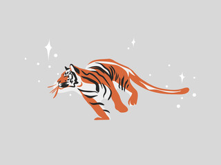 Wall Mural - hand drawn vector abstract stock flat graphic illustration with ethnic tribal mystic beautiful tiger