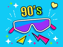 Neon Retro Ski Sunglasses Collection 90s. Women's And Men's Accessory From 80s. Optics, Lens, Vintage, 
Trend. Vector Illustration. 