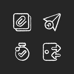 Sticker - Mobile application comfortable interface chalk white icons set on black background. Sending gifts with help of internet. Lamp with helping message. Isolated vector chalkboard illustrations