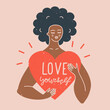 © everything bagel - Love yourself, body positive, self care concept. Beautiful black girl hugging a big red heart. Isolated flat vector illustration with a female character