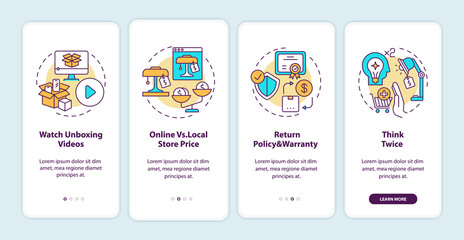 Informed customer tips onboarding mobile app page screen with concepts. Unboxing videos, thinking twice walkthrough 4 steps graphic instructions. UI vector template with RGB color illustrations