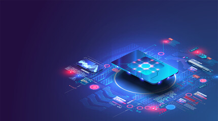 Aufkleber - eSIM card chip sign. Embedded SIM concept. New mobile communication technology. Futuristic projection sim card. Invitation with sim for design.  Flat isometric vector illustration