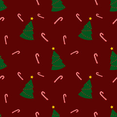 Seamless pattern with green christmas trees and candy cane on red background. wrapping decoration. Merry Christmas holiday, Happy New Year