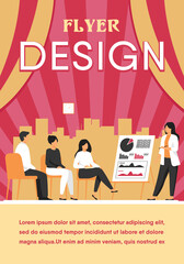 Poster - Coach speaking before audience. Mentor presenting charts and reports, Employees meeting at business training, seminar or conference. Vector illustration for presentation, lecture, education concept