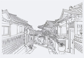 illustration of bukchon hanok village,the famous traditional korean style architecture in seoul, sou