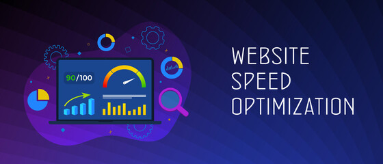 Fototapete - Website Page Speed Optimization concept. Laptop with high values point accelerometer. Web site Loading Time image for digital internet SEO marketing. Header and footer banner vector template