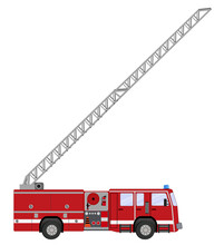 Red Fire Truck, Vehicle Of Emergency. Firefighters Design Element. Side View Vector Illustration On A White Background.