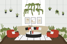 Scandinavian Interior Of Modern House Vector Illustration. Cartoon Cozy Living Room Or Home Apartment Furnished In Trendy Scandic Hygge Style With Sofa, Wall Pictures And Green Houseplants Background