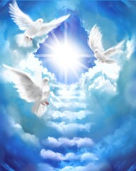 the flying three white doves around clouds stairs leading to shining heaven and the background of th