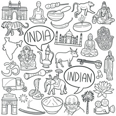 Wall Mural - India doodle icon set. Indian Vector illustration collection. Culture Banner Hand drawn Line art style.