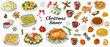 Vector hand drawn illustration of traditional Christmas dishes isolated on white background.