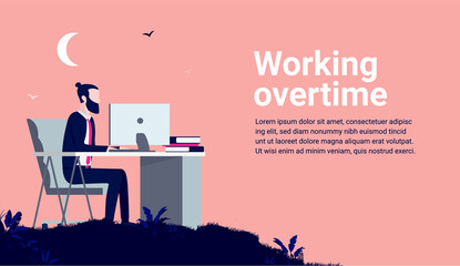 Poster - Working overtime - Businessman with desk doing work late at night under half moon. Copy space for text. Vector illustration.
