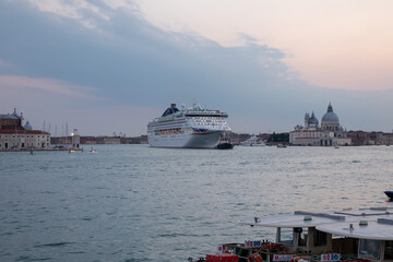 Closeup view of liner PO Cruises in Laguna Veneta of Venice