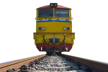 Wall Mural - Low angle shot front of Train head yellow or locomotive on the tracks of thailand isolated on white background