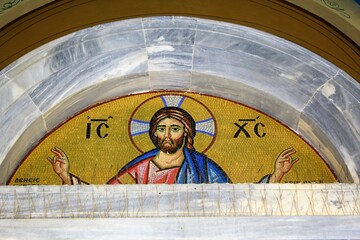 Mosaic of Jesus Christ outside of a Christian orthodox church in Athens, Greece, March 12 2020.