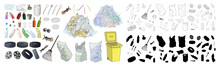 Large Set Of Garbage On White Background. Hand Drawn Vector Illustration.
