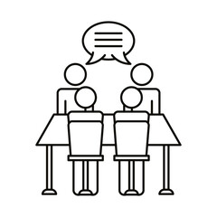 Poster - four workers talking in table coworking line style icon