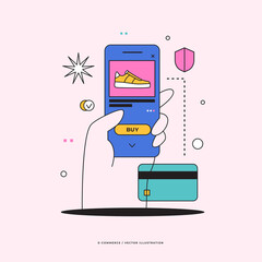 Concept of internet payments, mobile shopping. Online shopping. Image of a mobile phone in hand, a bank card on a pink background. Vector illustration in a flat style.