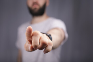 Poster - young man finger pointing touch modern