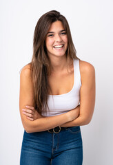 Portrait of pretty teenager Brazilian girl over isolated background