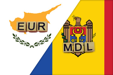 Cyprus and Moldova currencies codes on national flags background