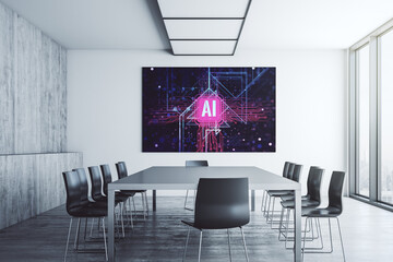 Poster - Creative artificial Intelligence symbol concept on tv display in a modern presentation room. 3D Rendering