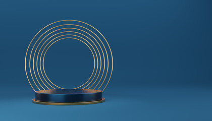 Empty blue cylinder podium with gold border and gold circle on blue background. Abstract minimal studio 3d geometric shape object. Mockup space for display of product design. 3d rendering.