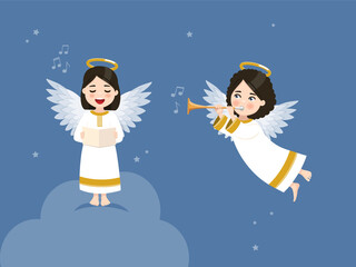 Wall Mural - Two angels singing and playing the trumpet in the blue sky with stars. Vector illustration