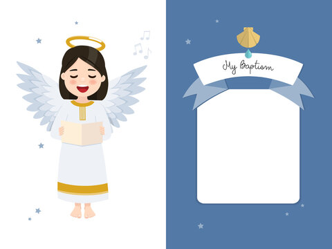 Angel singing. Baptism horizontal invitation on blue sky and stars invitation. Vector illustration