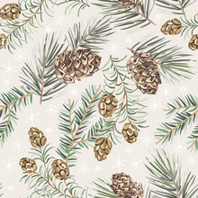 Christmas Seamless Pattern, Cones, Green Pine, Fir Twigs, Beige Background With Snowflakes. Vector Illustration. Nature Design. Season Greeting. Winter Forest. Xmas Holidays