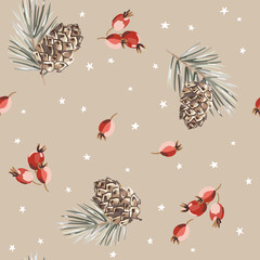 Wall Mural - Christmas seamless pattern, beige background. Forest green pine twigs, cones, red berries, white snow stars. Vector illustration. Nature design. Season greeting. Winter Xmas holidays