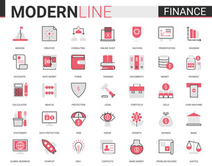 Poster - Finance flat thin red black line icon vector illustration set with outline financial business symbols collection of commerce analysis technology, economic data consulting and analyzing bank account