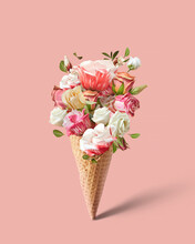 Waffle Cone With Beautiful Flowers.