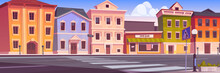 City Street With Houses, Empty Car Road And Pedestrian Crosswalk. Vector Cartoon Background With Cityscape, Urban Landscape With Residential Buildings, Office And Shops
